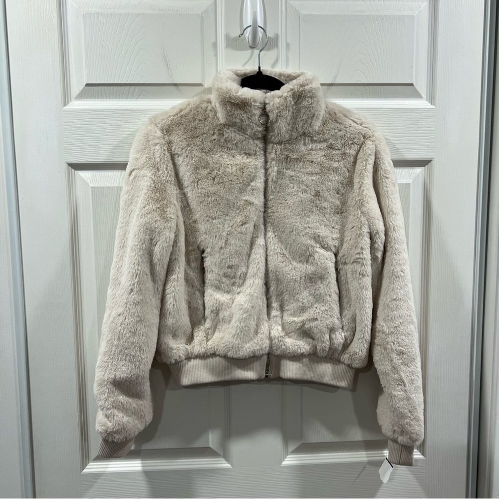 Ambiance Outerwear Faux Fur Bomber Jacket Taupe Beige Size Small NWT